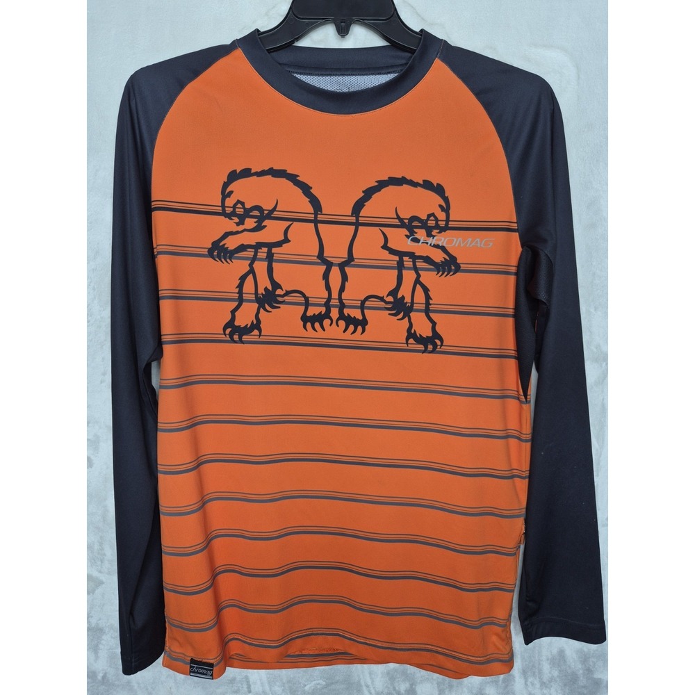 Chromag Bikes MTB Long Sleeve Jersey Shirt Mens Large Orange Black Zip Pocket
